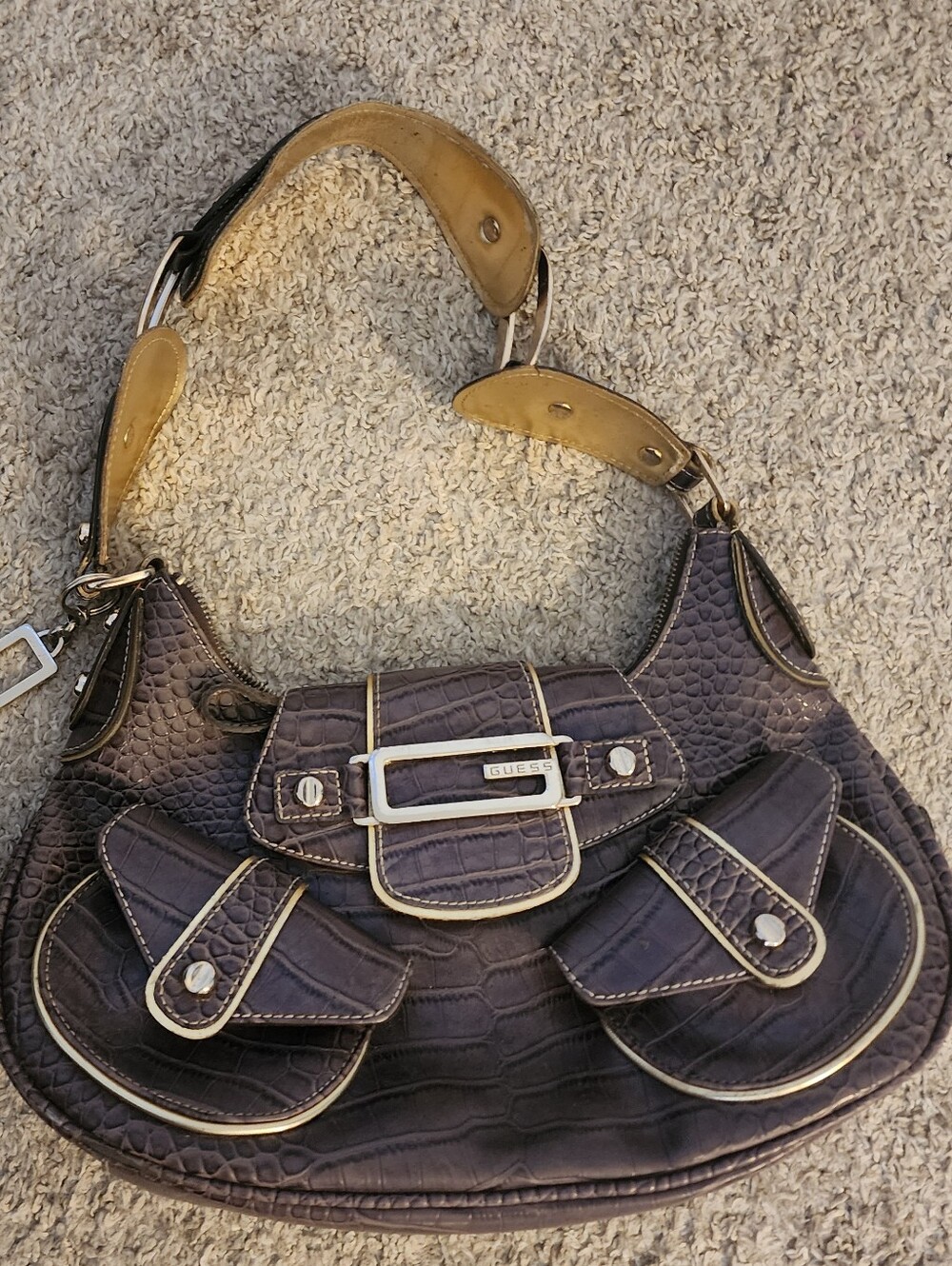 RARE VINTAGE 2000 GUESS Plum Croc-Embossed Shoulder Bag with Gold Trim